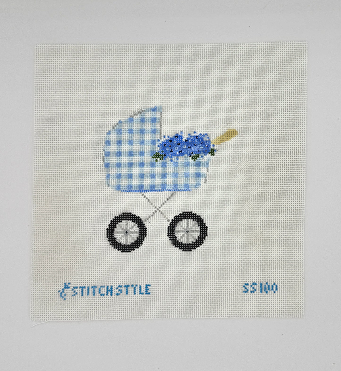 Baby Carriage Needlepoint Canvas - Blue Gingham
