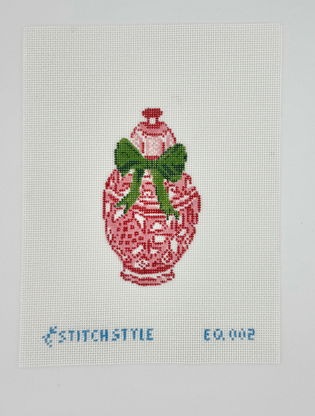 Red Ginger Jar with Green Bow Needlepoint Canvas