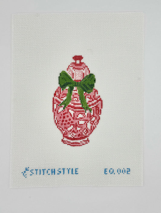 Red Ginger Jar with Green Bow Needlepoint Canvas