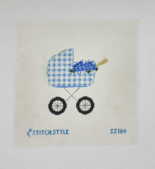 Baby Carriage Needlepoint Canvas - Blue Gingham