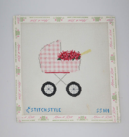 Baby Carriage Needlepoint Canvas - Pink Gingham