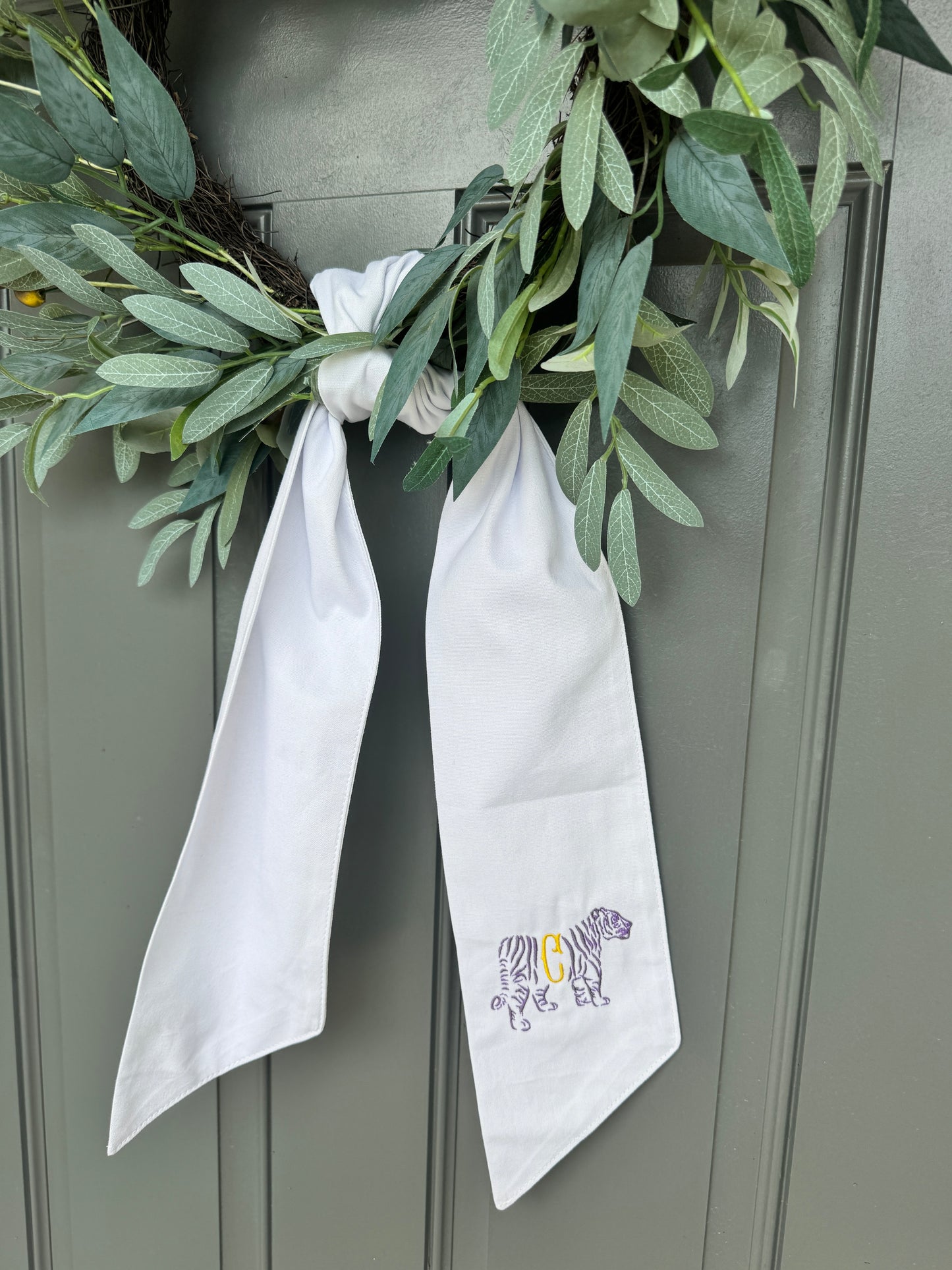 Personalized Purple & Gold Tiger Linen Wreath Sash