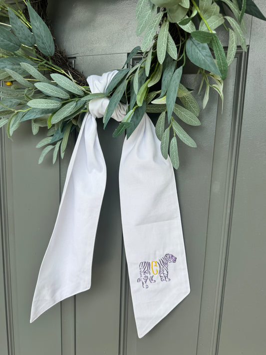 Personalized Purple & Gold Tiger Linen Wreath Sash